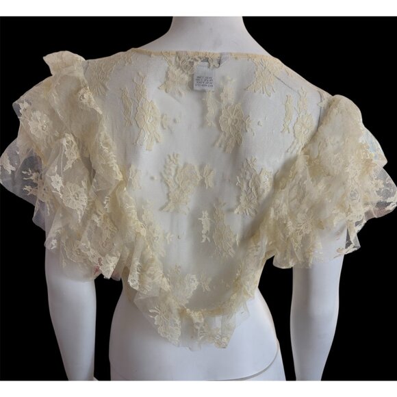 VTG Lace Coquette Flutter Ruffled Sleeves Shear Floral Shrug Jacket Tie Closure - Picture 2 of 4